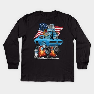 Patriotic Sixties American Muscle Car with USA Flag Cartoon Kids Long Sleeve T-Shirt